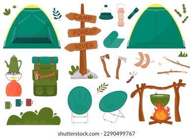 Kit de senderismo para camping de verano, viajes, excursiones, caminatas, turismo, naturaleza, viajes, picnic. Ilustración vectorial en un estilo plano. Aislado sobre un fondo blanco.