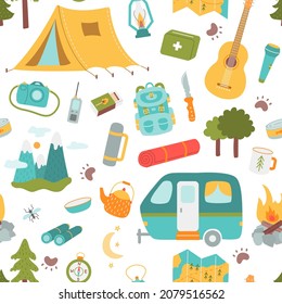 Hiking kit. Vector seamless pattern in flat style