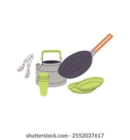 Hiking kitchenware. Flatware for travel in nature. Tableware for cooking in camping. Trekking dishes: frying pan, kettle, cups, spoon, fork. Flat isolated vector illustration on white background