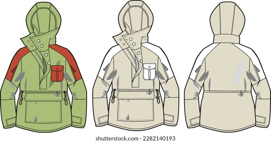 Hiking Ladies Hood Jacket front and back flat sketch technical drawing vector illustration template