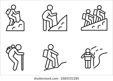 Conjunto de ícones de linha de caminhada. Estilo de contorno simples. Atividade, natureza, caminhadas, passeio, conceito de aventura, ilustração vetorial sobre fundo branco