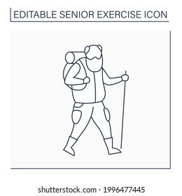 Hiking line icon. Vigorous walk.Keeps muscles in tonus. Physical activity. Safety workout for older people. Senior exercise concept. Isolated vector illustration. Editable stroke