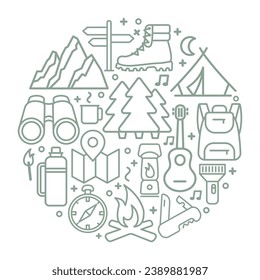 Hiking line icons set. Modern graphic design concepts, simple outline elements collection. Vector line icons in the shape of a circle