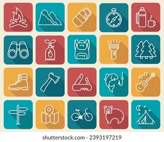 Hiking line icons set. Modern graphic design concepts, simple outline elements collection. Vector line icons with shadow