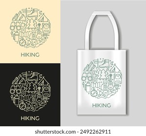 Conjunto de iconos de línea de senderismo. Conceptos de Diseño gráfico modernos, colección de Elementos de contorno simple. Concepto de senderismo con mockup tote bag. Iconos de línea de Vector en forma de círculo