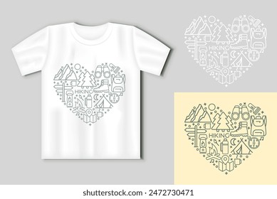 Hiking line icons set. Vector illustration in the heart shape. Concept with t-shirt mockup