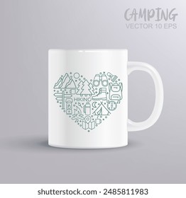 Hiking line icons set. Vector illustration in the heart shape. Hiking concept with mug mockup