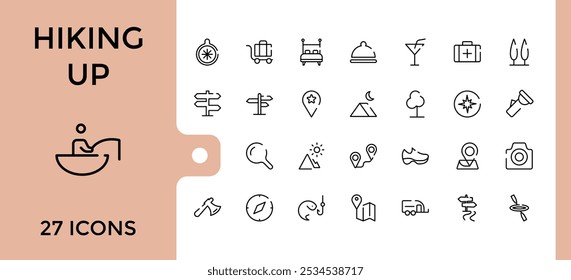 Conjunto de iconos de Web de línea de senderismo. Contiene información relacionada con escalador, turismo, escalada, aventura, aire libre, escalada y más. Perfecto para logotipos e infografías. Trazo editable.