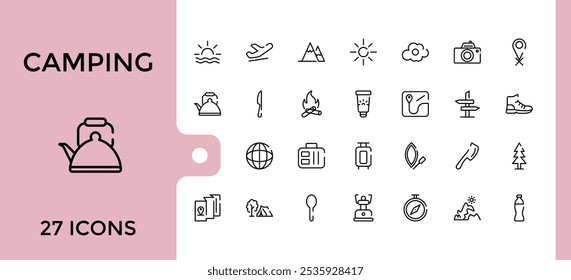 Hiking line web icon set. Contains related to hiking, adventure, Camping, tourism, climbing, outdoors and more. Collection for mobile and web apps. Editable vector illustration.