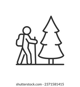 Hiking, linear icon. A hike in the nature. A person with a cane walking in the forest. Line with editable stroke