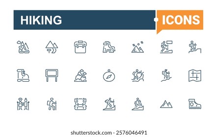 Hiking lined icons set. Containing map, adventure, kayak, fishing, leisure and more. Pixel perfect. Editable vector illustration.