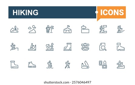 Hiking lined icons set. Containing map, adventure, kayak, fishing, leisure and more. Pixel perfect. Editable vector illustration.