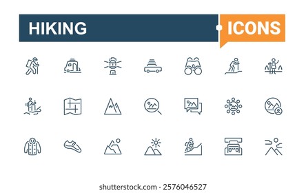 Hiking lined icons set. Containing map, adventure, kayak, fishing, leisure and more. Pixel perfect. Editable vector illustration.