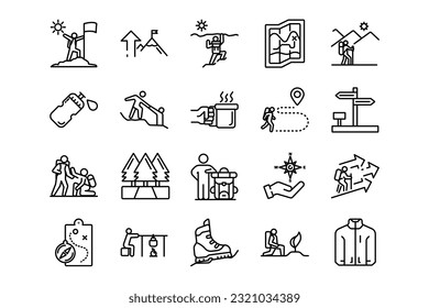 Hiking lines icon set. Hiking genres and attributes. Linear design. Lines with editable stroke. Isolated vector icons.