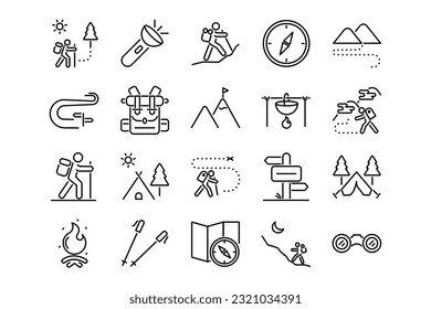 Hiking lines icon set. Hiking genres and attributes. Linear design. Lines with editable stroke. Isolated vector icons.