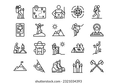 Hiking lines icon set. Hiking genres and attributes. Linear design. Lines with editable stroke. Isolated vector icons.