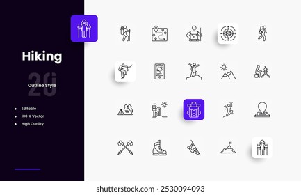 Conjunto de iconos de líneas de senderismo. Géneros y atributos de senderismo. Diseño lineal. Líneas con trazo editable. Iconos aislados del vector.