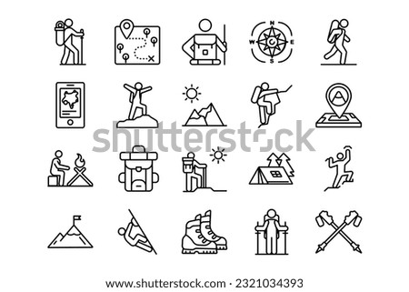 Hiking lines icon set. Hiking genres and attributes. Linear design. Lines with editable stroke. Isolated vector icons.