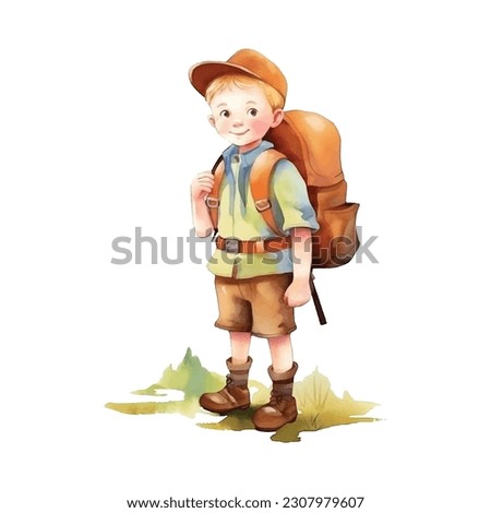 Hiking little boy watercolor paint ilustration