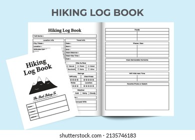 Hiking log book interior. Tour and Travel information tracker notebook template. Interior of a journal. Trail location and environment information checker logbook. Hiking tracker notebook.