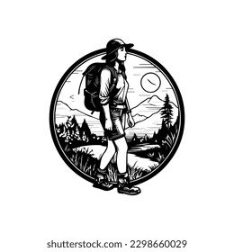Wanderlogodesign mit Berggipfel und Trekkingstöcken. Ideal für Abenteuer- und Outdoor-Marken