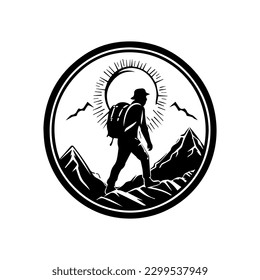 A hiking logo design with a male hiker walking through a trail surrounded by trees and mountains