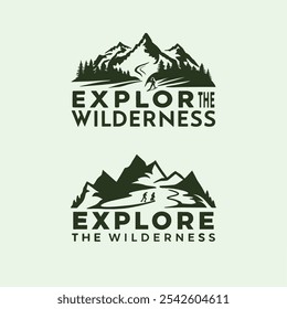 Senderismo Diseño de logotipo con paisaje montañoso dice Explore el desierto