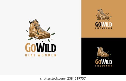 Hiking logo design template. Adventure symbol vector concept. Boot with mountain landscape. Unique icon idea for recreation theme.