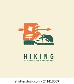 Hiking logo design template. Adventure symbol vector concept. Boot with landscape in negative space. Unique icon idea for recreation theme.