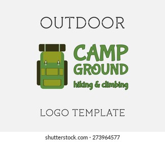 Hiking logo design template. Adventure symbol vector concept. Backpack with sign. Unique unusual logo, icon, badge idea for recreation summer theme. Mountain outdoor adventure. Vector illustration