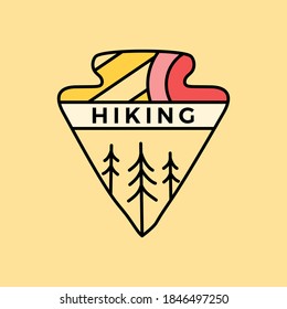 Hiking logo emblem template, adventure label design with trees. Unusual line art retro style sticker. Stock vector badge art