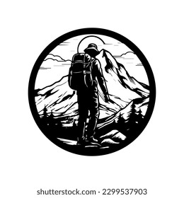 A hiking logo featuring a confident male hiker with a backpack in black and white