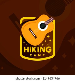 Hiking logo with guitar. Realistic guitar on camping logotype
