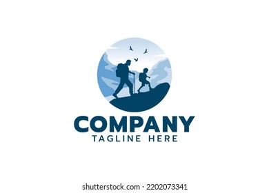 hiking logo with silhouette of a father hiking with his son.