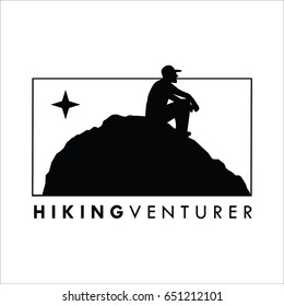 hiking logo silhouette with man on the top of mountain Vector Illustration