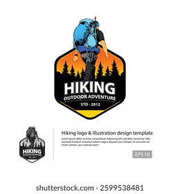 Hiking logo template with a hiking man illustration and a badge style logo.