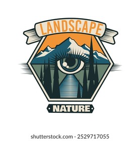 Hiking logo. Tourism badge. Wild mountain. Forest trees. Nature landscape. Traveling icon with eye. Summer panorama. Scenic rock peaks. Outdoor vacation. Sticker emblem. Vector adventure label design