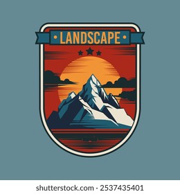 Hiking logo. Tourism badge. Wild mountain. Sunset sky. Nature landscape. Travel icon. Summer panorama. Mountaineering summit. Rock peak. Outdoor vacation. Sticker emblem. Vector adventure label design