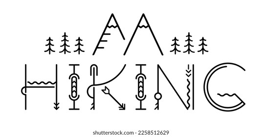 Hiking logo. Vector illustration. Hand drawn lettering typography text. Hiking typography letters design for t-shirt, poster, banner. Adventure traveling logo for print.