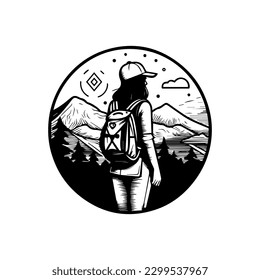 A hiking logo with a woman character surrounded by mountain peaks and trees