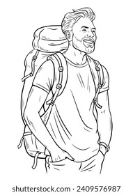 Hiking man with a backpack. Happy smile. European tourist. Traveler on vacation. Cartoon vector black and white illustration. Hand drawn sketch outline