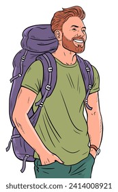 Hiking man with a backpack. Happy smile. European tourist. Traveler on vacation. Cartoon vector illustration isolated on white background. Hand drawn outline