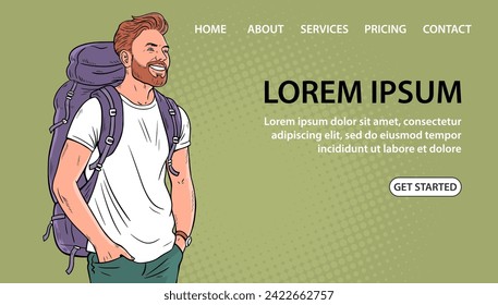 Hiking man with a backpack. Happy smile. European tourist. Traveler on vacation. Cartoon vector illustration. Design for website, banner