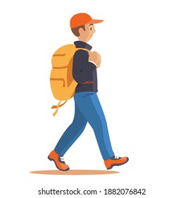 Wandermann mit Rucksack auf weißem Hintergrund. Vektorgrafik einzeln auf Cartoon-Art.