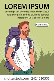 Hiking man with a backpack. Travel in nature. Happy smile. European tourist. Traveler on vacation. Cartoon vector illustration. Design for website, banner, poster