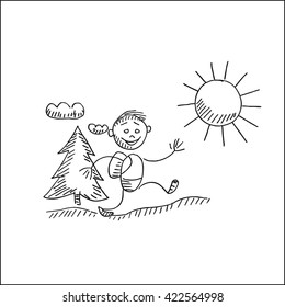 hiking man or boy with backpack, sun and tree vector hand drawn sketch illustration