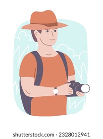 Hiking man with a camera. European tourist with a backpack. Traveler on vacation. Flat vector illustration isolated on white background