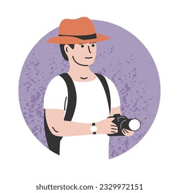 Hiking man with a camera. European tourist with a backpack. Traveler on vacation. Flat vector illustration isolated on white background