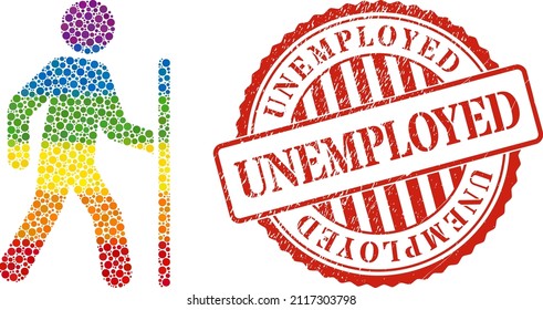 Hiking man collage icon of circle elements in different sizes and rainbow colorful color tinges. Red rounded rubber seal stamp with Unemployed caption. A dotted LGBT- colored hiking man for lesbians,