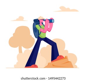 Hiking Man Conducting Active Lifestyle Trekking with Binocular and Backpack Walking in Mountains or Hills. Camping or Backpacking Outdoor Activity Direction Traveling. Cartoon Flat Vector Illustration